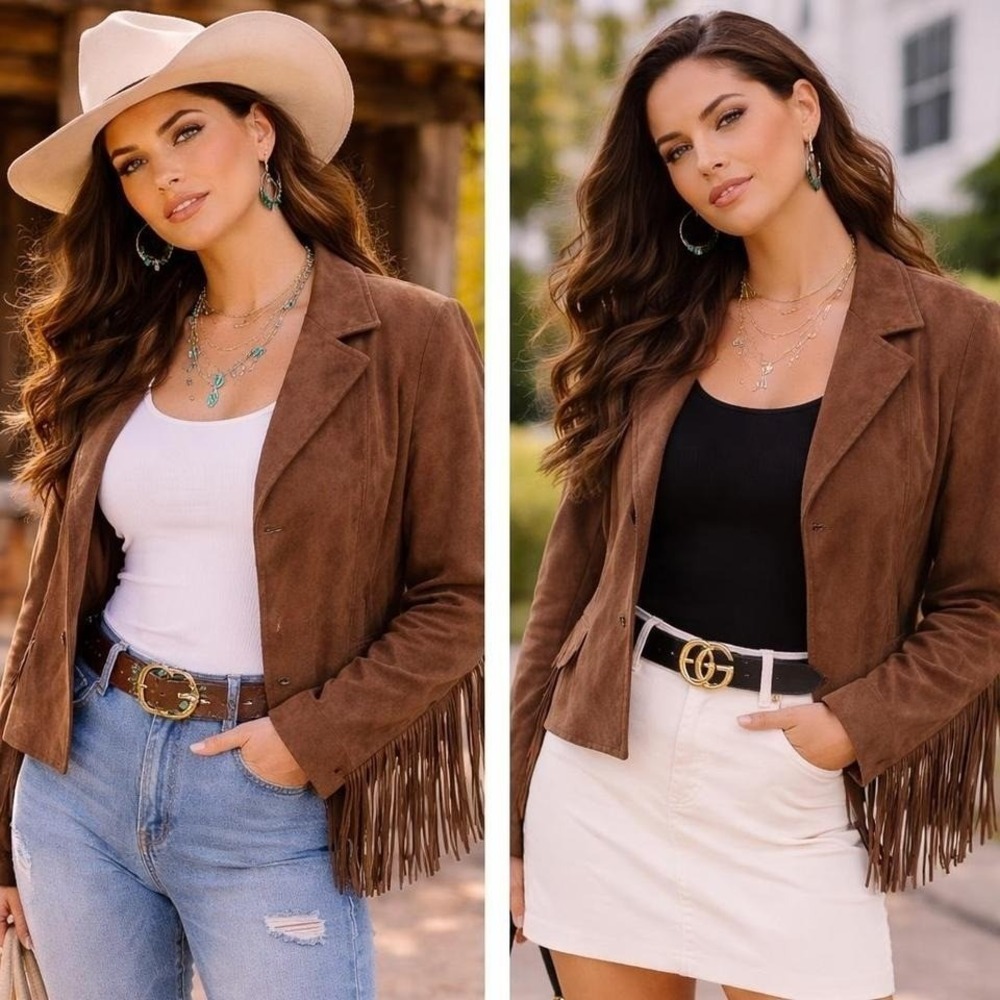 Philosophy Faux Suede Fringe Jacket Brown Western Boho Festival Cowgirl Sz L NWT